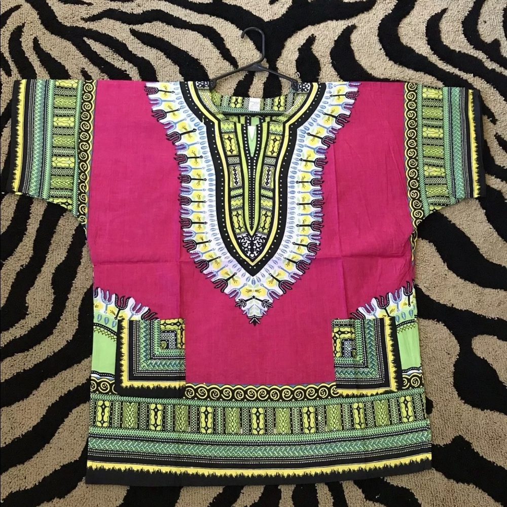 African Print Dashiki Men Women Shirt Traditional Vtg. Festive One Size FUCHSIA